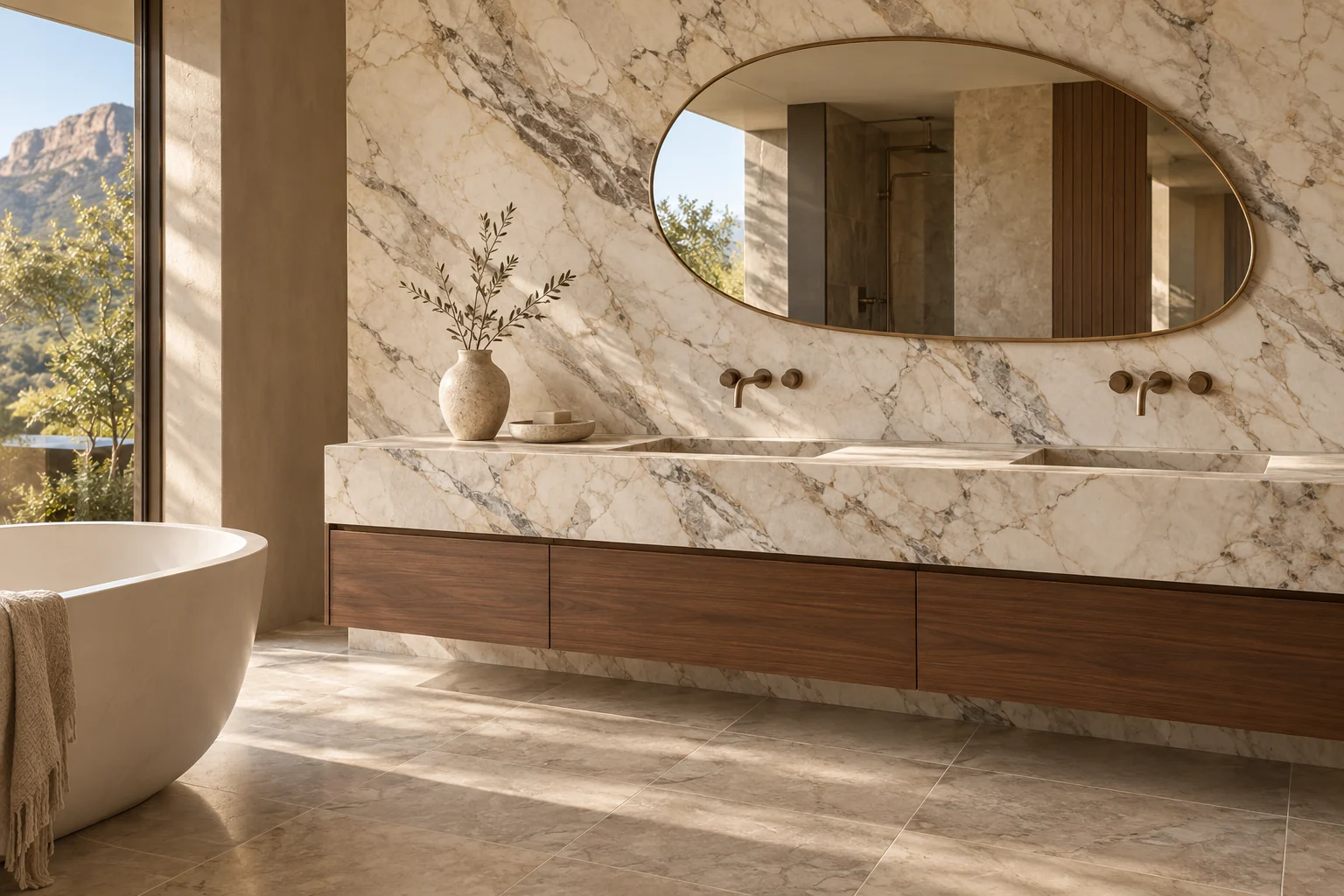 Warm natural marble bathroom with crafted vanity details