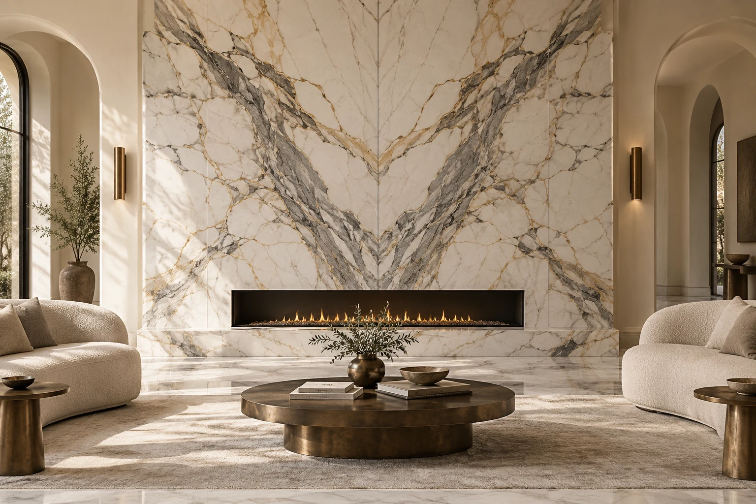 Bookmatched white and grey marble slab feature wall with a built-in fireplace
