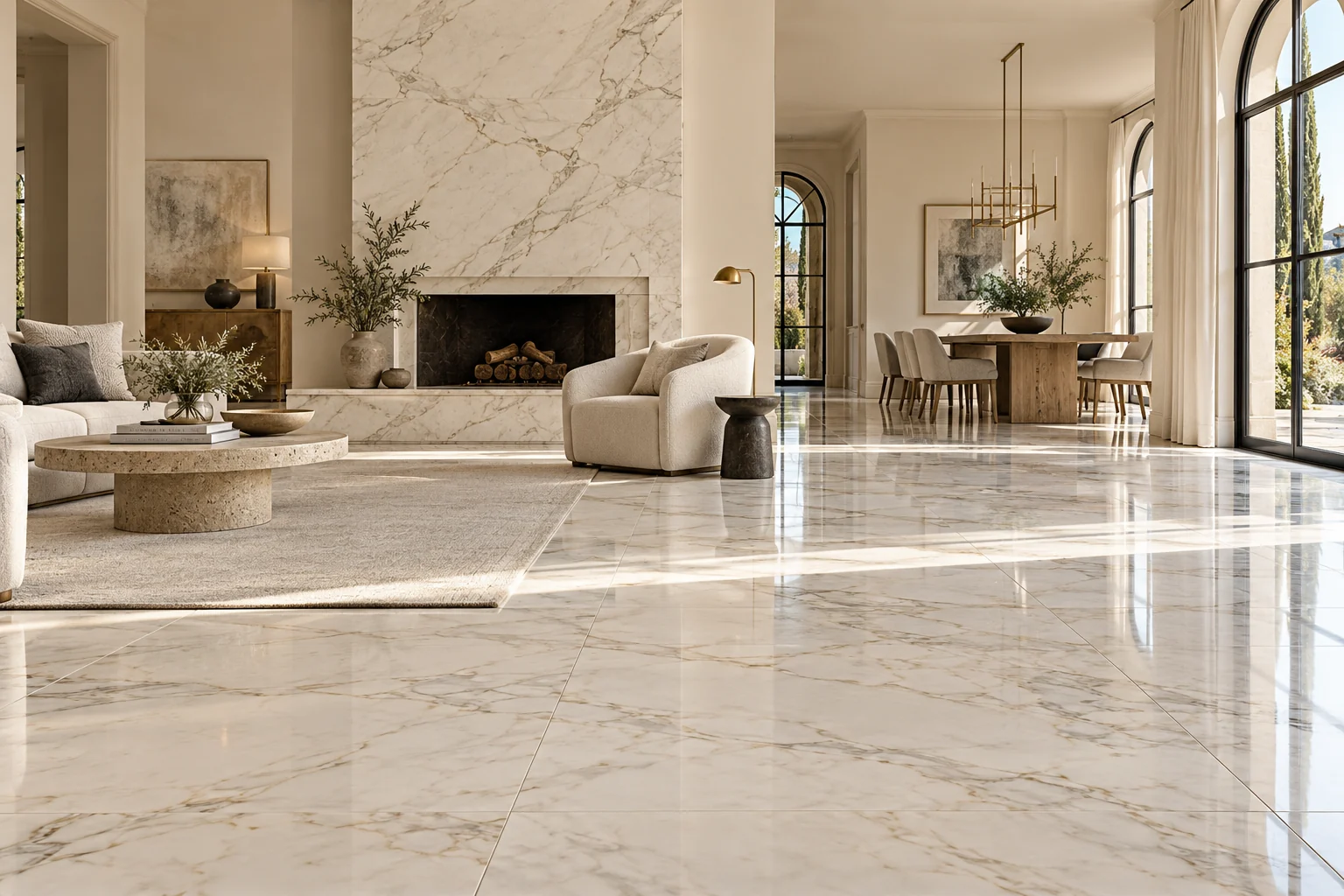 Marble floor tiles laid across a large living room