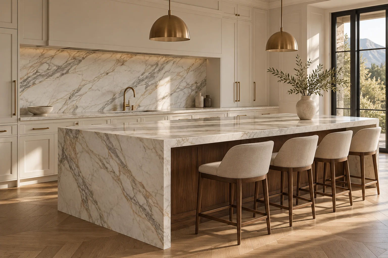 Marble island countertop with a waterfall end