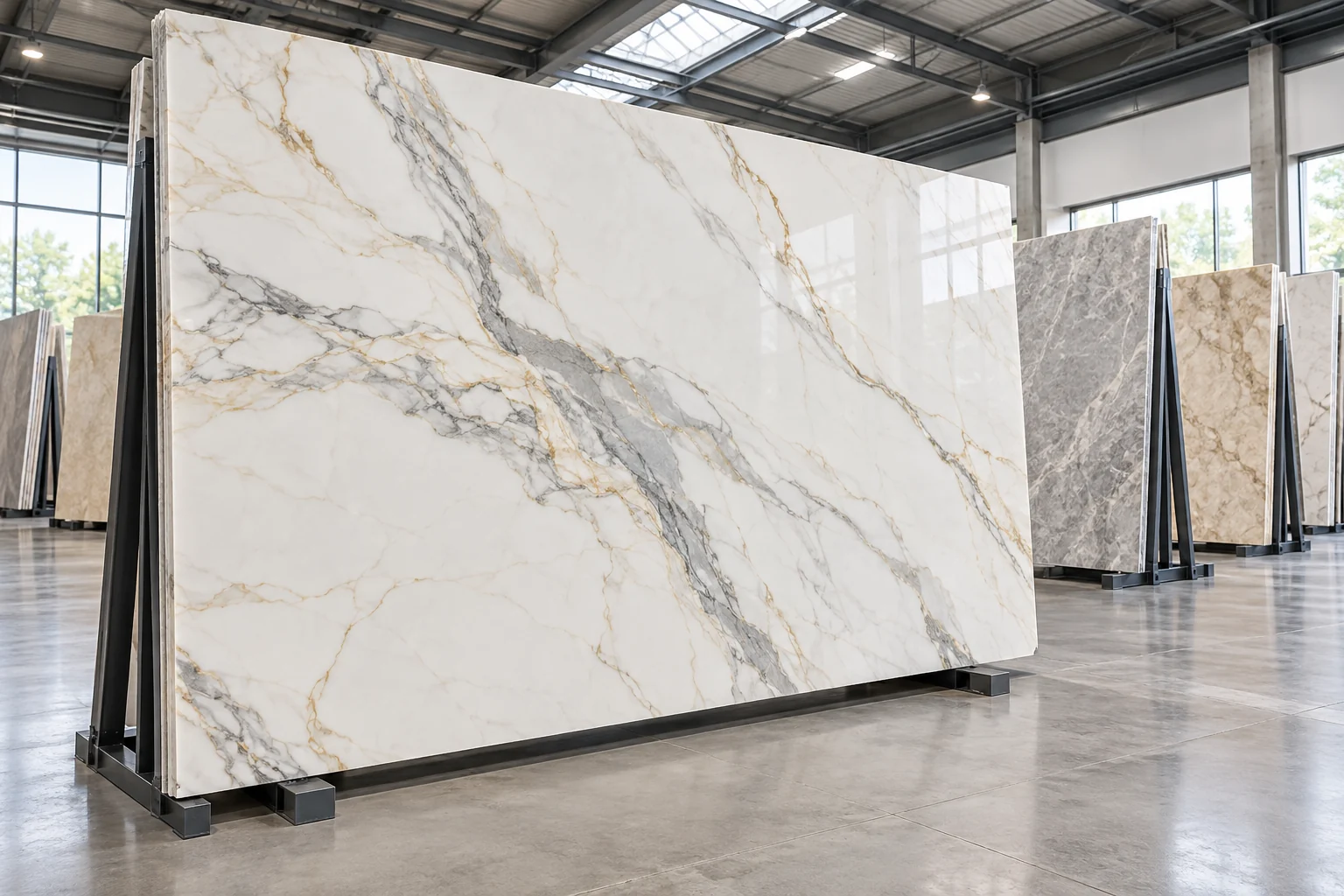 Large natural marble slabs displayed for material selection